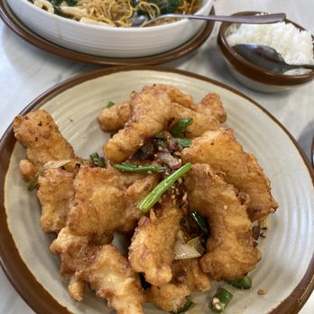 Lion Kitchen - Salt and pepper grouper. House special fried noodle in the background. - Chinese Near Me - San Francisco, California