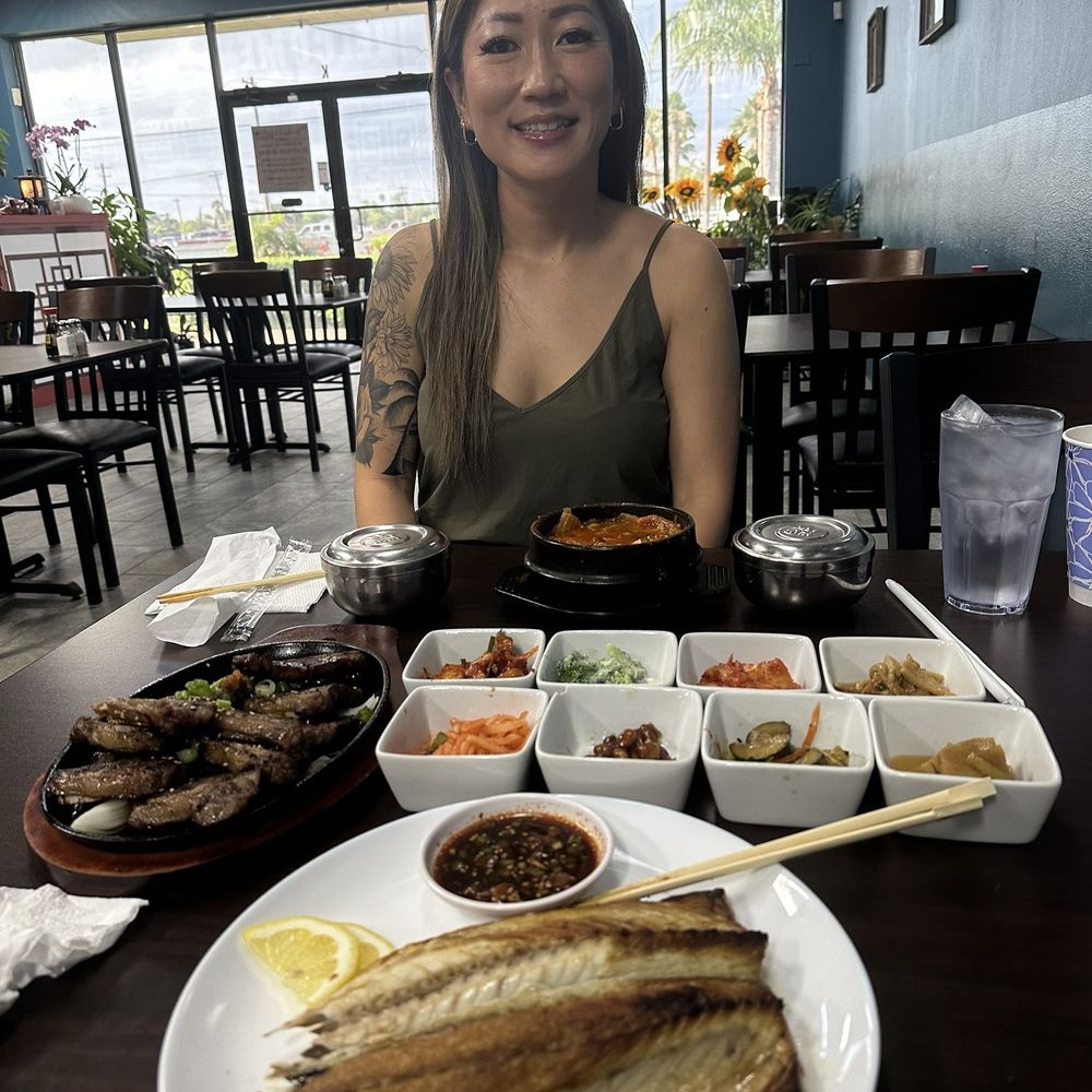 Galbi beef, pan fried mackerel, Korean dumplings, spicy tofu soup. Galbi beef, pan fried mackerel, Korean dumplings, spicy tofu soup.