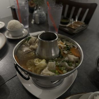 Chaam Eatery - Wonton Soup, leftover Fresh Rolls ( 2 pcs) in the back (devoured) - Thai Near Me - Riverside, California