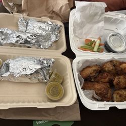 Brisket Taco, Shrimp taco, Chicken Taco and 10 plain wings BBQ on side.