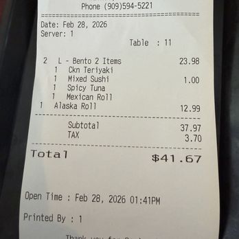 Sake Sushi - Our bill, pretty good for the price! - Japanese Near Me - Walnut, California