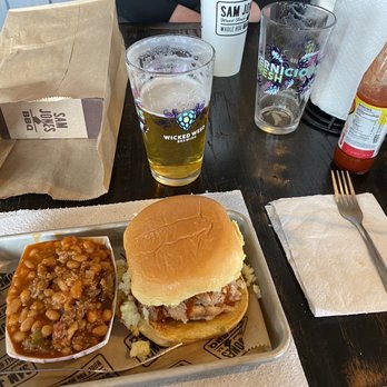 Sam Jones BBQ - Baked beans, BBQ sandwich, Pernicious IPA and sampler pack of spices - Barbeque Near Me - Raleigh, North Carolina
