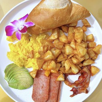Breaking Dawn Brunch - Welcome to America: Two Eggs w/ "candied" bacon, seasoned potatoes, baguette | $18 ** Add spam + avocado - Breakfast & Brunch Near Me - Los Gatos, California