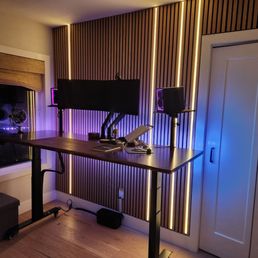Home office transformation. Slat panels cut and installed perfectly