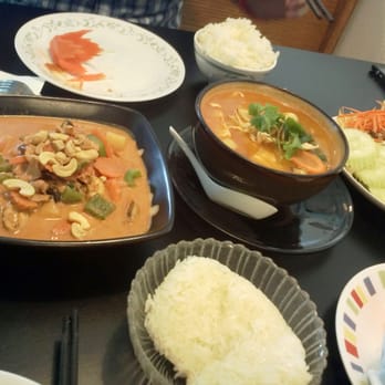Tea Rose Diner - left to right: red curry, tom yum soup, chicken larb - Thai Near Me - Murray, Utah Tea Rose Diner - left to right: red curry, tom yum soup, chicken larb - Thai Near Me - Murray, Utah