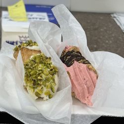 Pistachio and raspberry cannolis