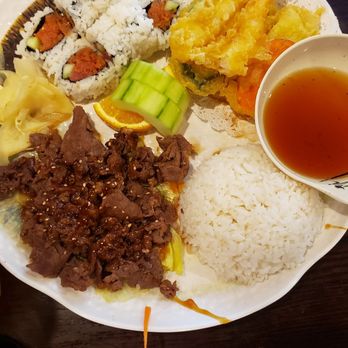 Sushi Huku - Dinner plate with Beef teriyaki, tempura, and spicy tuna roll - Japanese Near Me - San Marcos, California Sushi Huku - Dinner plate with Beef teriyaki, tempura, and spicy tuna roll - Japanese Near Me - San Marcos, California