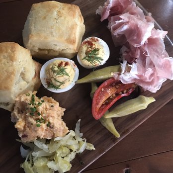 Manuela - Biscuit, meat, cheese pickled vegetables, deviled egg platter - New American Near Me - Los Angeles, California