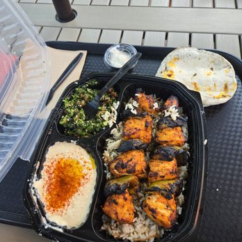 Fufu's - Chicken Kabob Plate with a side of hummus and tabouli. - Mediterranean Near Me - Redlands, California Fufu's - Chicken Kabob Plate with a side of hummus and tabouli. - Mediterranean Near Me - Redlands, California