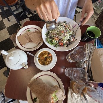 Portia's Cafe - Giant salad (small size believe it or not), Mediterranean wrap , lentil soup, and one dirty, dirty chai - Vegan Near Me - Columbus, Ohio