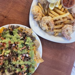 carne asada nachos and fried shrimp