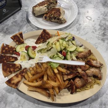 Cafe Zorba - Chicken Souvlaki platter and a gyro Gyro Wrap - Themed Cafes Near Me - Wesley Chapel, Florida Cafe Zorba - Chicken Souvlaki platter and a gyro Gyro Wrap - Themed Cafes Near Me - Wesley Chapel, Florida
