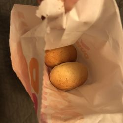 Dunkin' - Plain Stuffed mini bagels. chemically taste, but at least I'm not sick yet. "free" w/ app. Not worth $3! Yes, you only get 2 pieces.