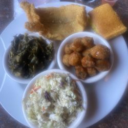 Marques - Catfish greens okra coleslaw cornbread