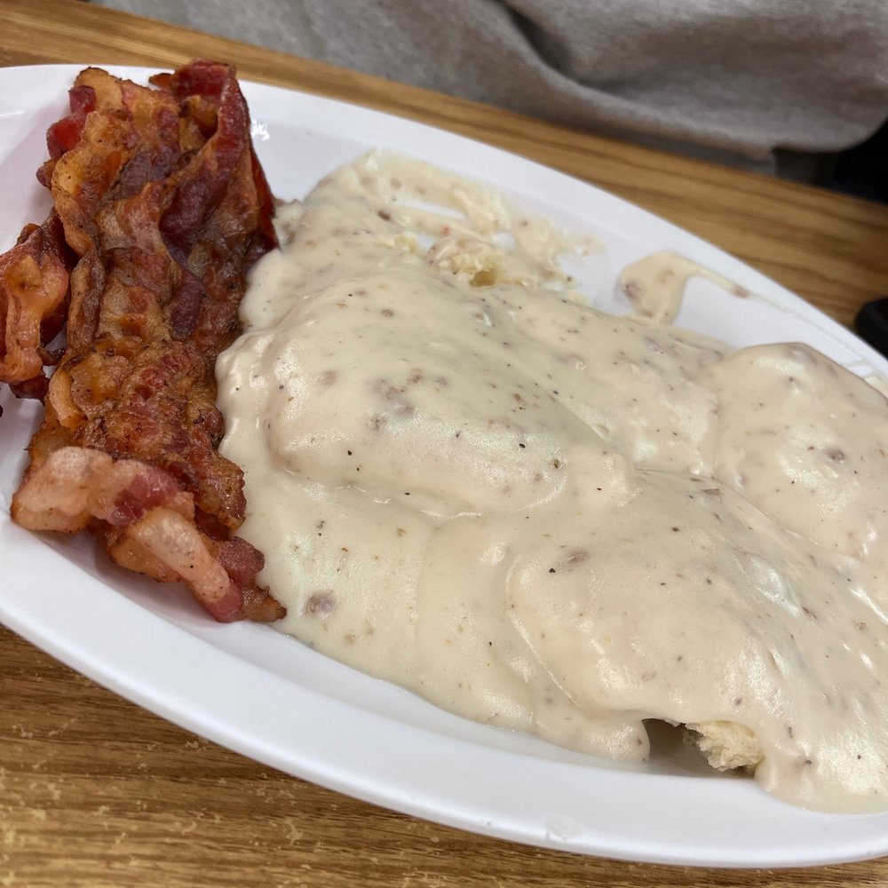 Cloverleaf Family Restaurant - Biscuits and gravy with bacon - Diners Near Me - Bloomington, Indiana
