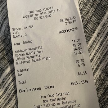 True Food Kitchen - Receipt for two - New American Near Me - Arlington, Virginia True Food Kitchen - Receipt for two - New American Near Me - Arlington, Virginia