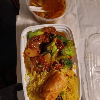 Kingston Wok - Dinner combo ($11.55) - beef with garlic sauce, pork fried rice, hot & sour soup, and egg roll. - Asian Fusion Near Me - Kingston, New York