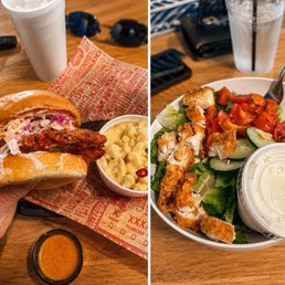 Fried hot chicken sandwich combo and a chicken salad.