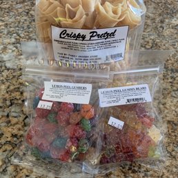 Crispy pretzel, lemon peel gushers, and lemon peel gummy bears Crispy pretzel, lemon peel gushers, and lemon peel gummy bears
