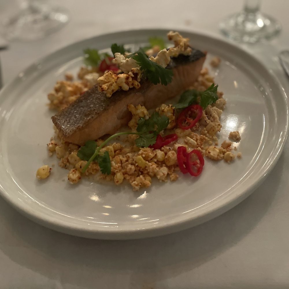 Joseph Decuis - King Salmon with popcorn - New American Near Me - Roanoke, Indiana Joseph Decuis - King Salmon with popcorn - New American Near Me - Roanoke, Indiana