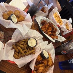 Wings, Steak Fries, Mac n jack bites, fried green beans, broccoli cheddar bites