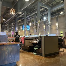 people sitting at tables in a restaurant