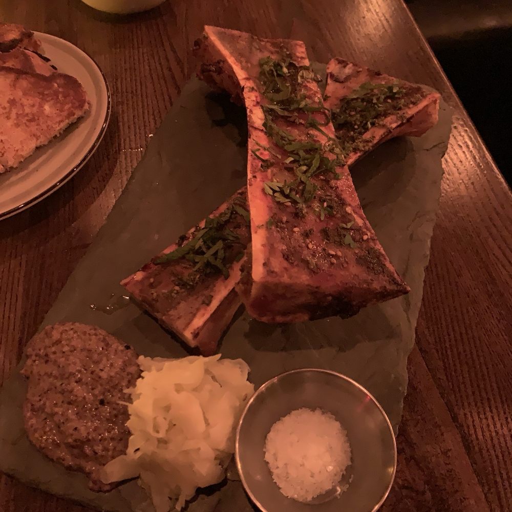 BONE MARROW harrisa roasted beef bone, toast points, chili cumin mustard, lime pickled fennel, zaatar, mint, parsley BONE MARROW harrisa roasted beef bone, toast points, chili cumin mustard, lime pickled fennel, zaatar, mint, parsley