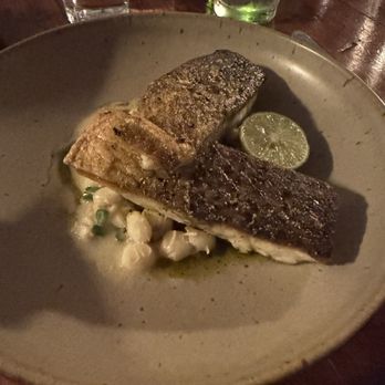 Manuela - Sea bass Haricot vert, hominy, St. Felicien butter, cilantro, key lime - New American Near Me - Los Angeles, California Manuela - Sea bass Haricot vert, hominy, St. Felicien butter, cilantro, key lime - New American Near Me - Los Angeles, California