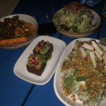 Sarma - Parsnip fritters, snap peas, carrots, and avocado dish on vegetarian course menu - Middle Eastern Near Me - Somerville, Massachusetts