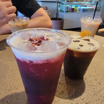 The Press Espresso  - Iced Flamingo Tea Latte (Left) and Nitro Old Fashioned (Right) - Bakeries Near Me - Temecula, California