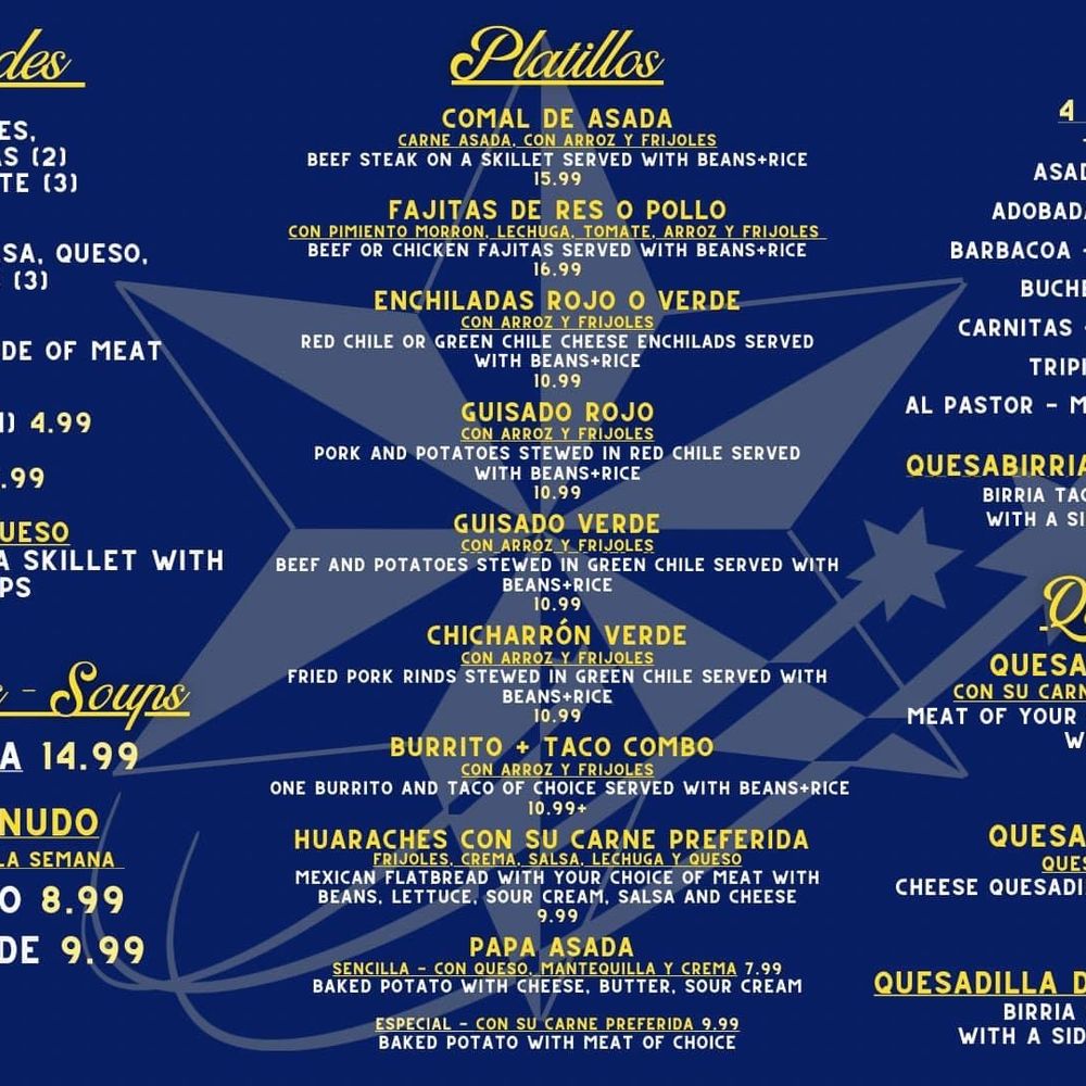 La Estrella De Oro - Menu Back - Mexican Near Me - Muleshoe, Texas