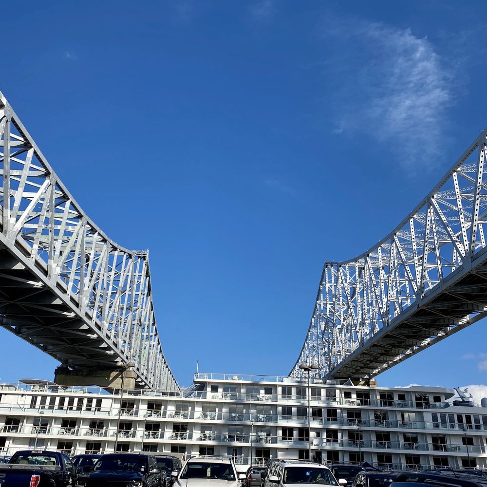 Crescent City Connection Bridge - 02.22.20 view from the Port of New Orleans - Landmarks & Historical Buildings Near Me - New Orleans, Louisiana Crescent City Connection Bridge - 02.22.20 view from the Port of New Orleans - Landmarks & Historical Buildings Near Me - New Orleans, Louisiana