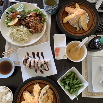 Sushi 21 - Tempura, #1- Chicken Teriyaki With Salmon Roll, Edamame, Miso Soup and Japanese Hot Green Tea. Yummy! - Sushi Bars Near Me - San Pedro, California