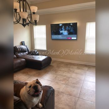 Mount Man Electric - Our buddy Tonka pictured here relaxing on the couch was very pleased with the end result of the installation of his 65" Samsung TV! - Home Theatre Installation Near Me Mount Man Electric - Our buddy Tonka pictured here relaxing on the couch was very pleased with the end result of the installation of his 65" Samsung TV! - Home Theatre Installation Near Me
