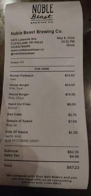 Menu photo 3 Noble Beast Brewing Cleveland, OH