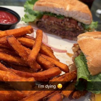 Bumpers Grill and Bar - Casablanca Burger with sweet potato fries - American Near Me - Fairview, Oregon