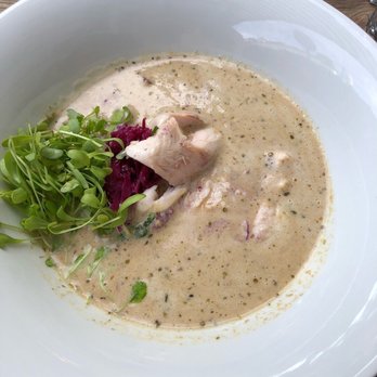 Kaisergarten - Chanterelle soup with red cabbage and smoked trout. Really hearty and tasty - Bavarian Near Me - Munich, BY