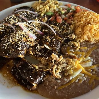 Dos Mundos Kitchen - Chicken mole enchilada with rice, beans and corn. - Mexican Near Me - Upland, California Dos Mundos Kitchen - Chicken mole enchilada with rice, beans and corn. - Mexican Near Me - Upland, California