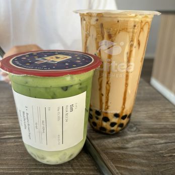 Fruitea Refreshers - Banana matcha latte + jasmine milk tea with boba - Bubble Tea Near Me - San Jose, California
