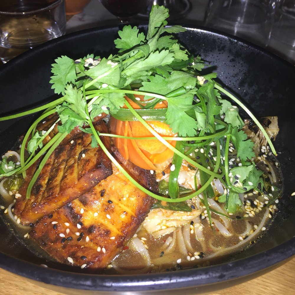 Kimchi broth with rice noodles and fried tofu Kimchi broth with rice noodles and fried tofu