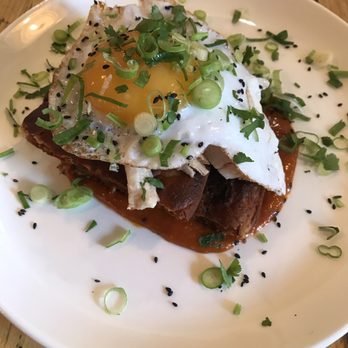 Caravan Kings Cross - Kimchi pancake, pork belly, fried duck egg, bbq crème fraiche (£12) - Breakfast & Brunch Near Me - London, XGL