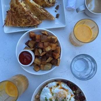 Onefold - Fresh Squeezed Orange Juice, latte, Breakfast Quesadilla with carne asada, Chinese Sausage Fried Rice, and duck fat fried Russet Potatoes - Breakfast & Brunch Near Me - Denver, Colorado Onefold - Fresh Squeezed Orange Juice, latte, Breakfast Quesadilla with carne asada, Chinese Sausage Fried Rice, and duck fat fried Russet Potatoes - Breakfast & Brunch Near Me - Denver, Colorado