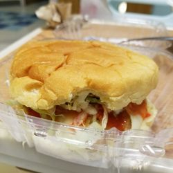 Hasbro Children's - I put lettuce, hot sauce and blue cheese on the chicken sandwich. (Cafeteria)