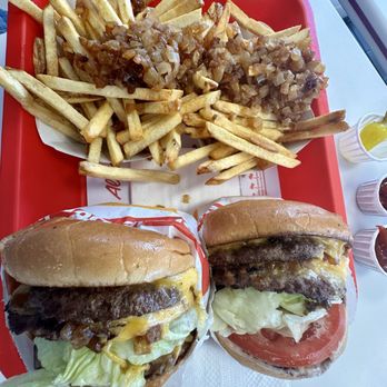 In-N-Out Burger - Two Double Doubles with fried onions on the burgers and on the extra crisp fries. - Fast Food Near Me - Temecula, California