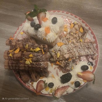 RED O - Trio dessert: churros, tres leches cake, and crepes served with berries and cream. - Mexican Near Me - Thousand Oaks, California