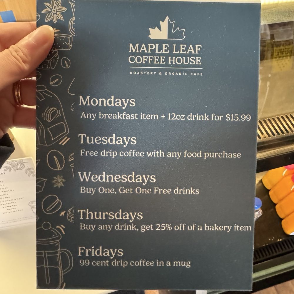 Maple Leaf Coffee House - Weekly Specials - Cafes Near Me - St. Charles, Illinois Maple Leaf Coffee House - Weekly Specials - Cafes Near Me - St. Charles, Illinois
