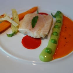 Georges Blanc Restaurant - Fantasie D'omble Chevalier en Mode Estivale - Tomato Cream, Green Pea Puree, Red Pepper Gel, Carrots