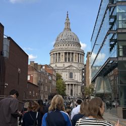 Walking off Millennium Bridge to St. Paul's Cathedral