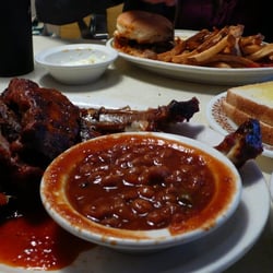 Jim's Rib Haven - Back Ribs, beans, and pork sammie (background)