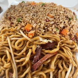 Pork fried rice & pork chow mein 1/2 and 1/2 plate